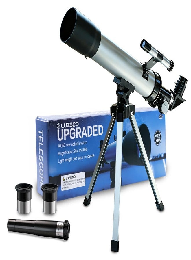 Luzsco Telescope for Kids 50mm 100x Magnification Beginner Silver Telescopio with Tripod, 2 Eyepieces, Finder Scope Set, STEM Educational Astronomy Chritstmas Gift for Boys & Girls Ages 6-12 - Image 1
